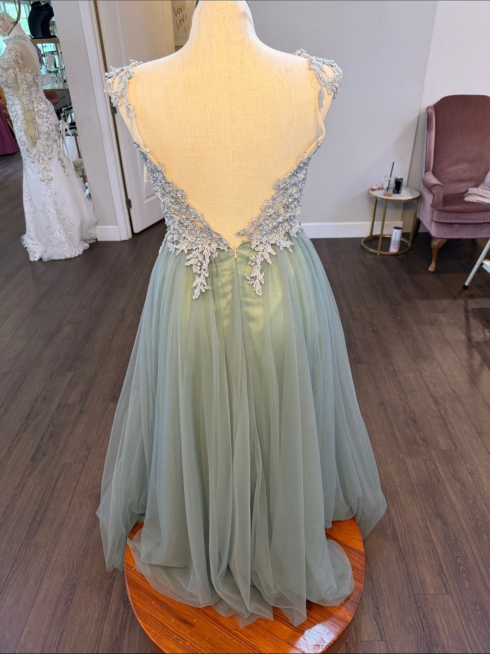 Elegant Sage dusty teal Green Tulle Evening Dress with Lace Appliqué - Picture 8 of 11